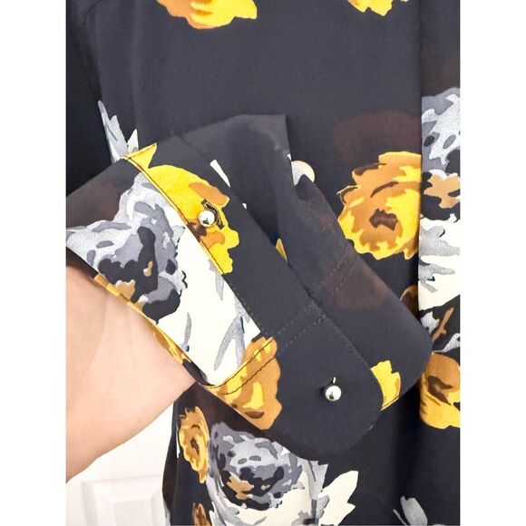 Theory Womens Navy Gold Sunaya Floral Silk Long Sleeve Button Up Blouse Medium - Picture 4 of 6